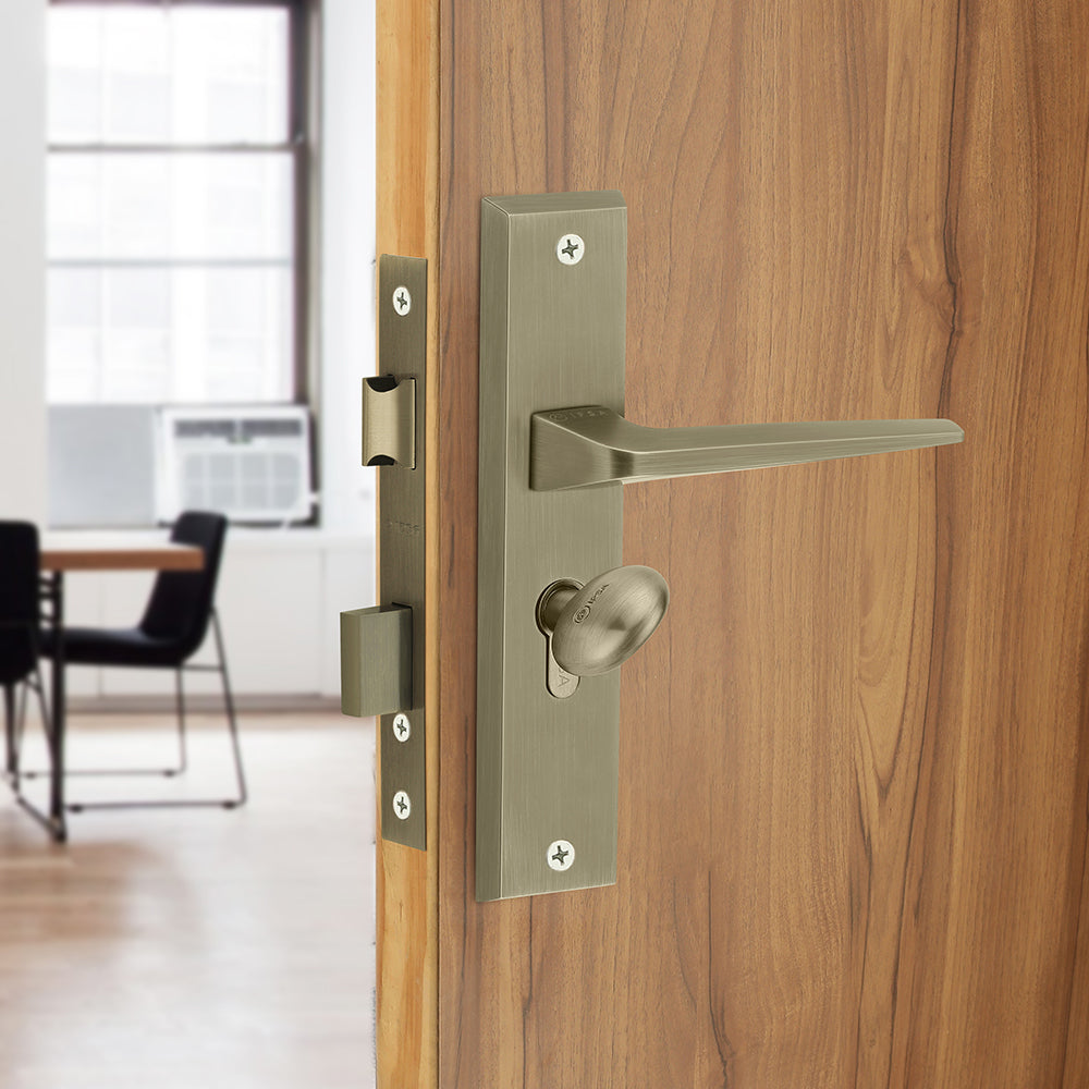 IPSA Canary Iris Handle Series on 8" Plate CYS Lockset with 60mm Coin and Knob - Matte Antique Finish MAB